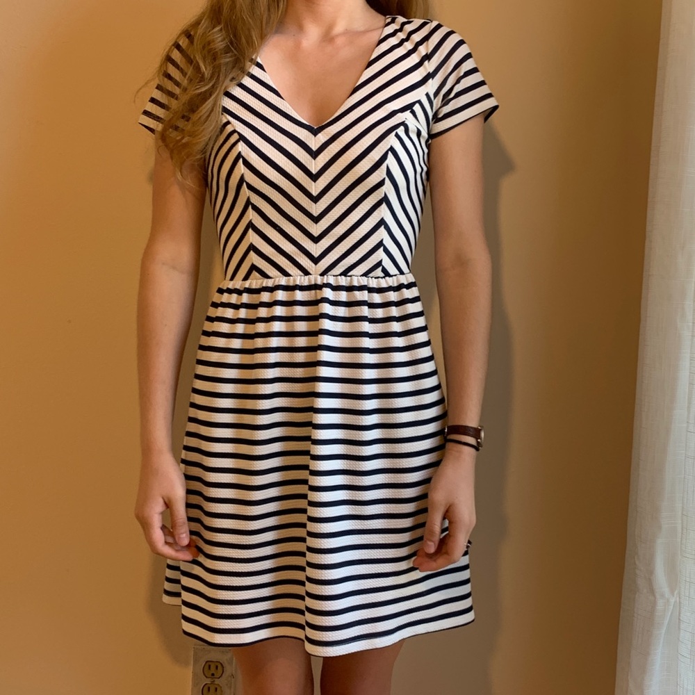 Navy blue and white striped sun dress size S